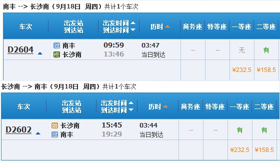 南丰火车站9月18日增加往返长沙动车 二等票价158.5元