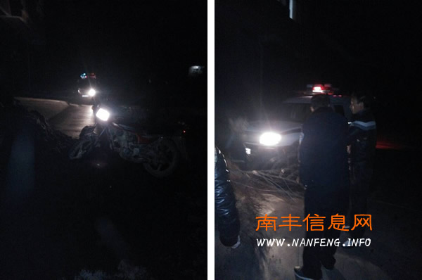 南丰桥背老化工厂附近发生车祸 一辆摩托车撞上路边煤堆