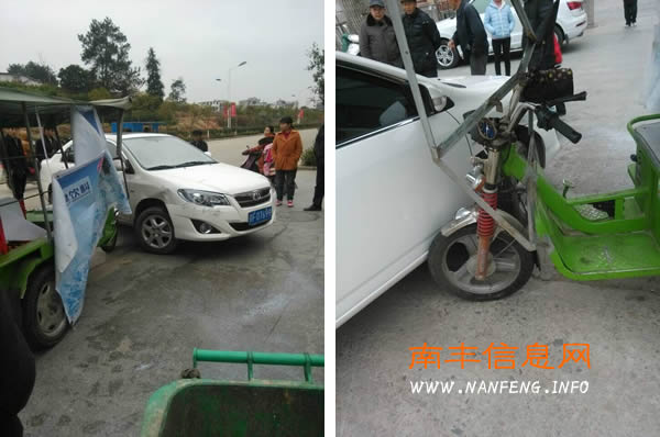 南丰琴湖中央城小区门口发生一起三轮车和小车擦碰事故