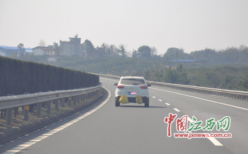 济广高速南丰段一辆白色轿车车尾吊着两只鸭 交警：罚！